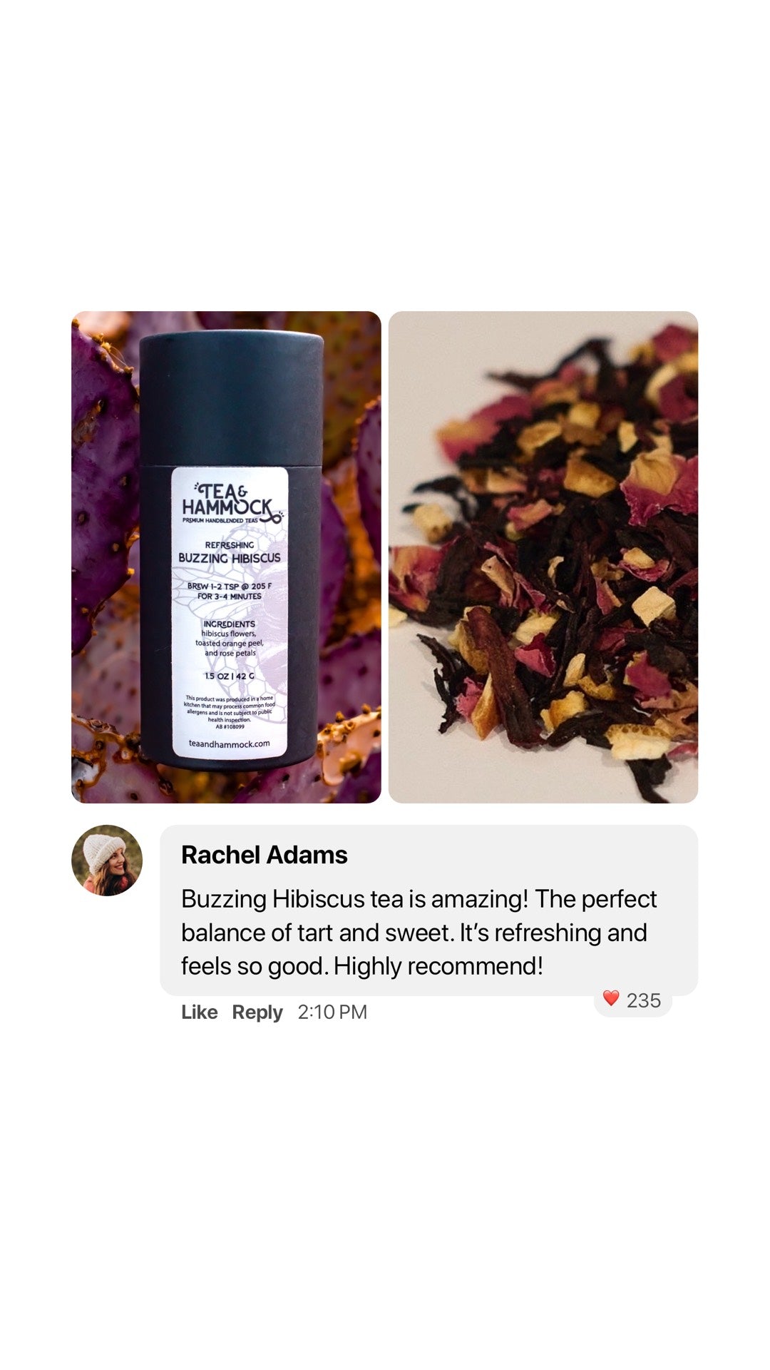 Tea packaging with dried herbs and a review from Rachel Adams on a white background
