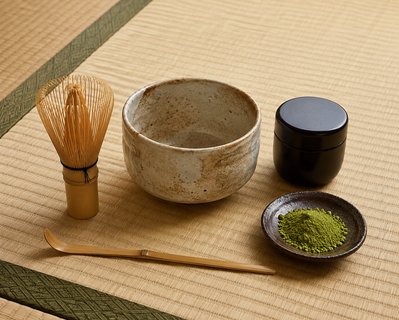 on a tatami surface sits matcha equipment