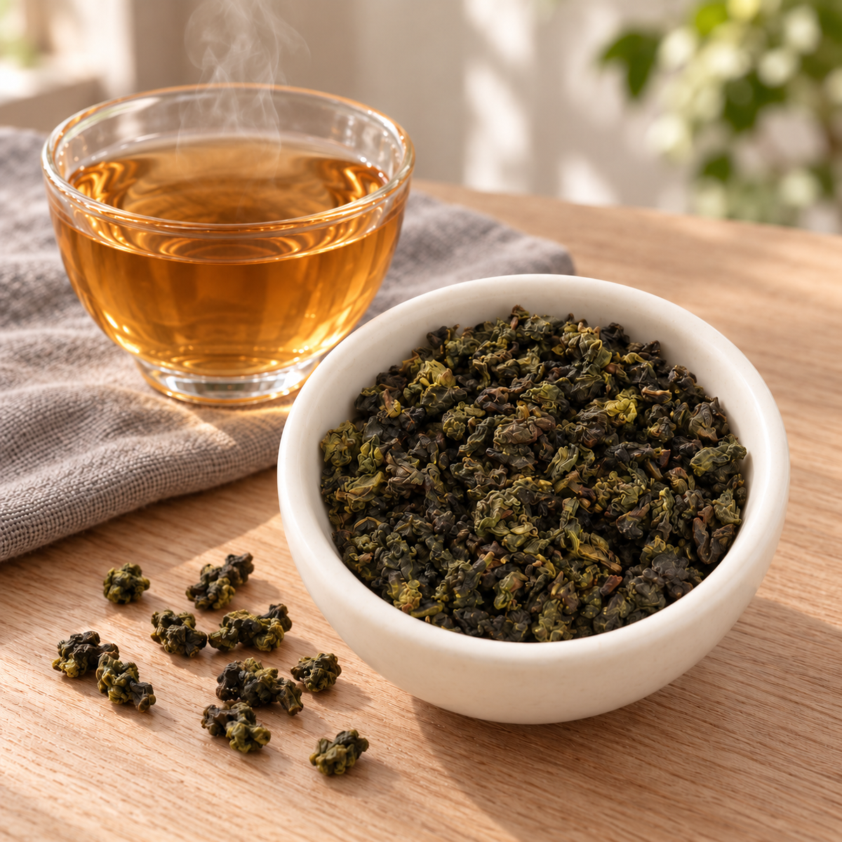 Rolled green tea leaves in a small white bowl with a glass cup of brewed amber tea and a few loose leaves on a wooden surface.
