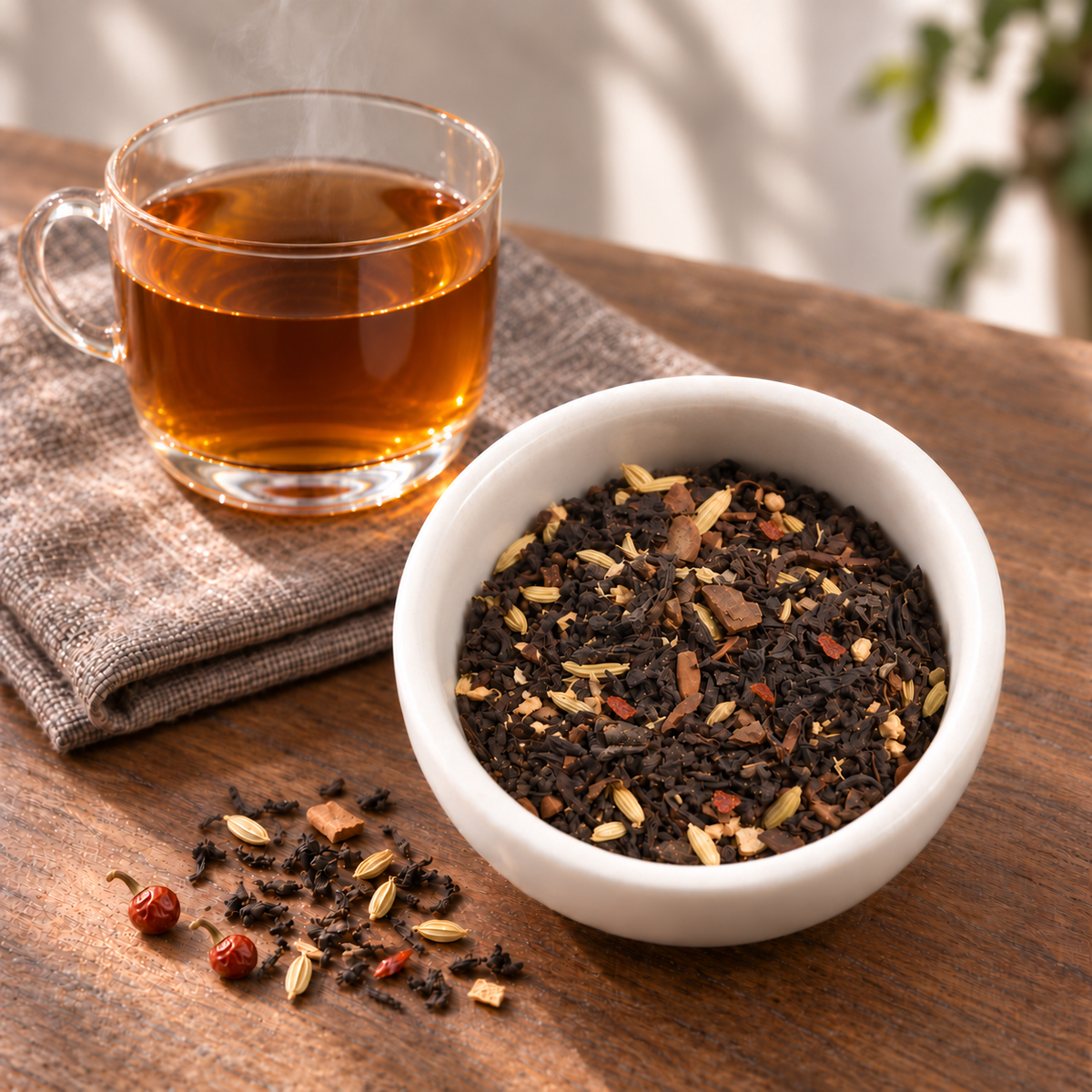 A white ceramic bowl filled with 110 Chai loose-leaf herbal tea blend sits on a wooden table beside a clear glass cup of brewed amber tea on a folded cloth napkin.
