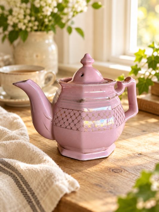 Vintage Pink Lustre Teapot with Gold Lattice