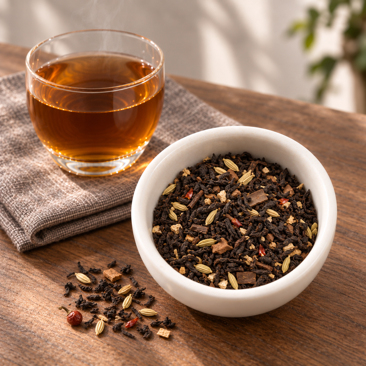 A white ceramic bowl filled with 90 Degree Chai loose-leaf herbal tea blend sits on a wooden table beside a glass of brewed amber tea on a folded cloth napkin.