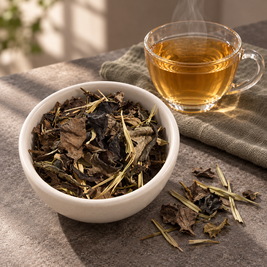 A white ceramic bowl filled with loose-leaf tea leaves sits on a textured gray surface, with a clear glass cup of brewed amber tea and a folded beige cloth in the background.