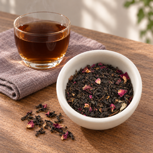 A white bowl filled with Black Rose loose-leaf tea blend sits on a wooden table beside a clear glass cup of brewed dark tea, with a folded mauve cloth underneath and scattered tea leaves in front.