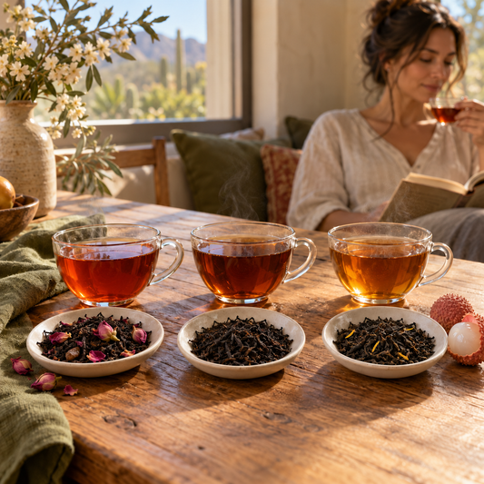 Three clear glass cups filled with amber tea are arranged on a wooden table, with three small white bowls showing loose tea leaves and dried flower petals. A woman sits in a softly lit room in the background, reading a book and holding a cup near the window.