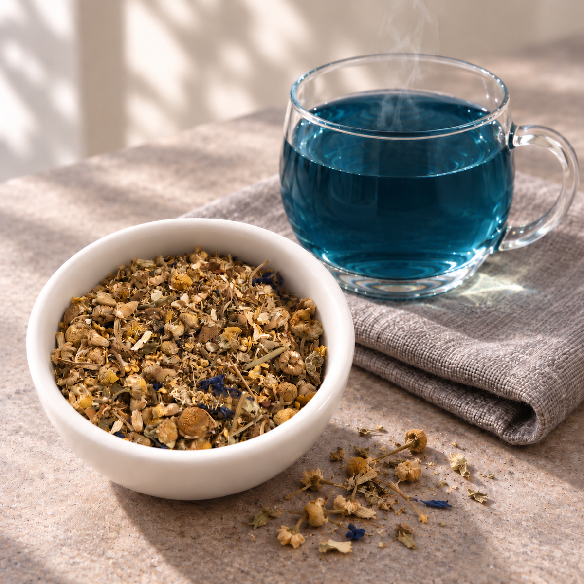 A white bowl filled with Blue Chamomile loose herbal tea blend sits beside a clear glass mug containing bright blue brewed tea on a folded beige cloth.
