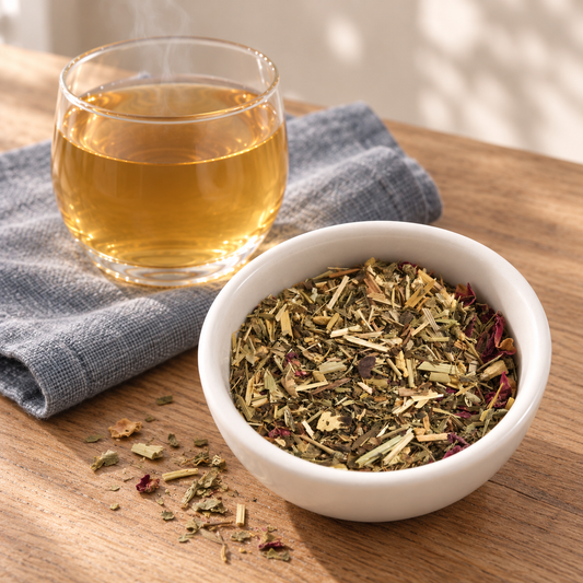 A white ceramic bowl filled with Bone Densitea loose-leaf herbal tea sits on a wooden table next to a clear glass of brewed golden tea on a gray cloth.