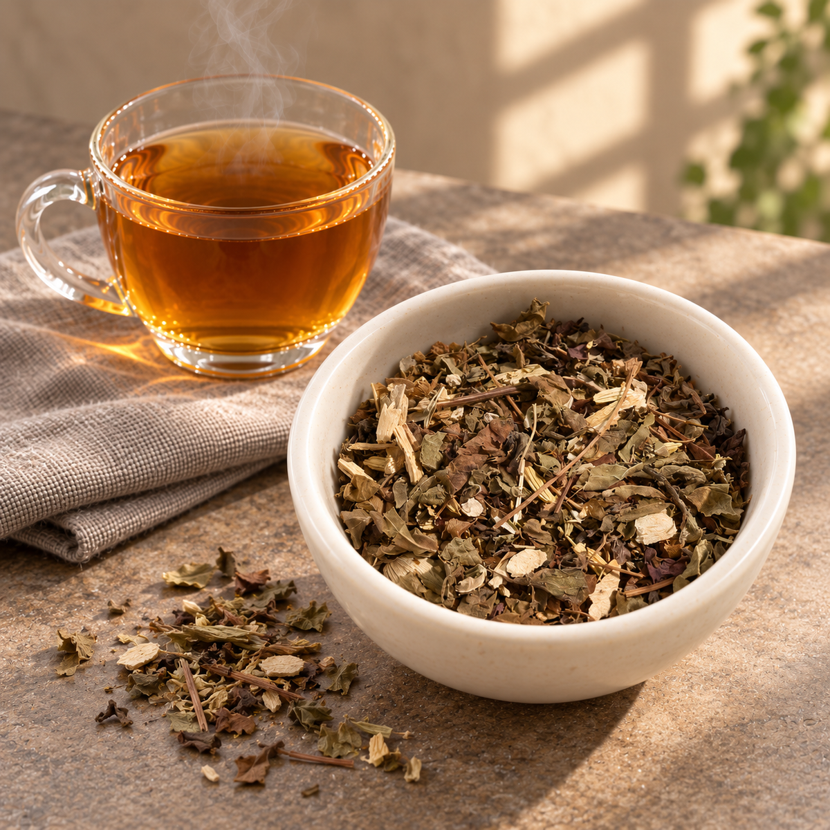 A white ceramic bowl filled with Chillin Chai loose herbal tea leaves sits on a stone surface next to a clear glass cup of brewed amber tea, with a folded beige cloth and warm natural light in the background.