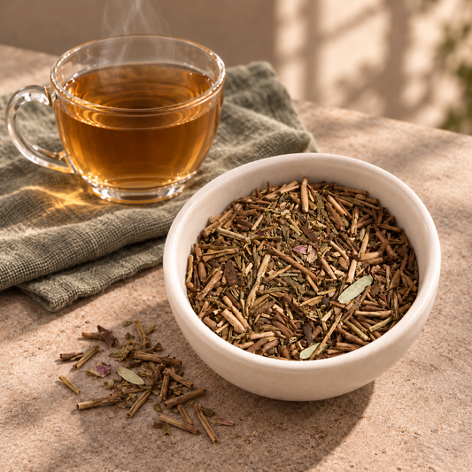 A white ceramic bowl filled with loose herbal tea blend sits on a stone surface next to a clear glass cup of brewed amber tea on a folded linen cloth.