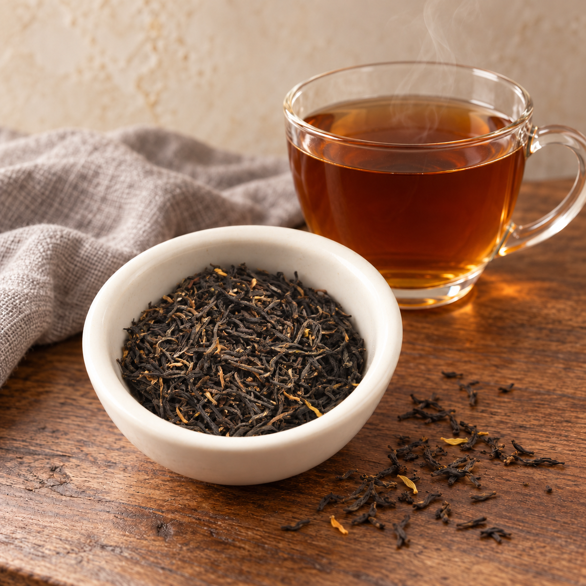 A small white bowl filled with Earl Grey Creme loose-leaf tea sits on a wooden table beside a clear glass cup of brewed tea, with a folded gray cloth in the background.