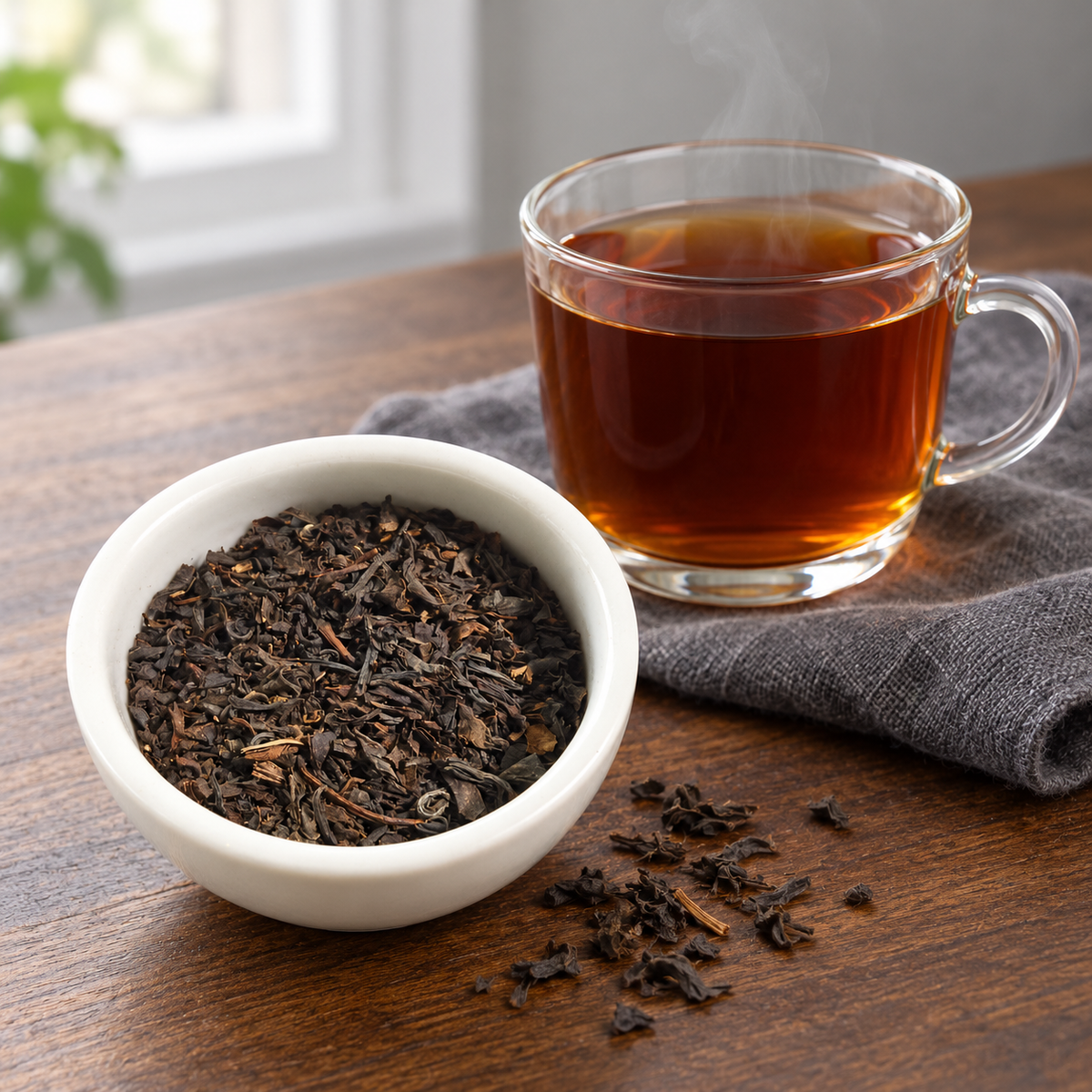 A white bowl filled with English Breakfast loose-leaf tea sits on a wooden table beside a clear glass mug of brewed amber tea, with a gray cloth underneath and a softly blurred indoor background.