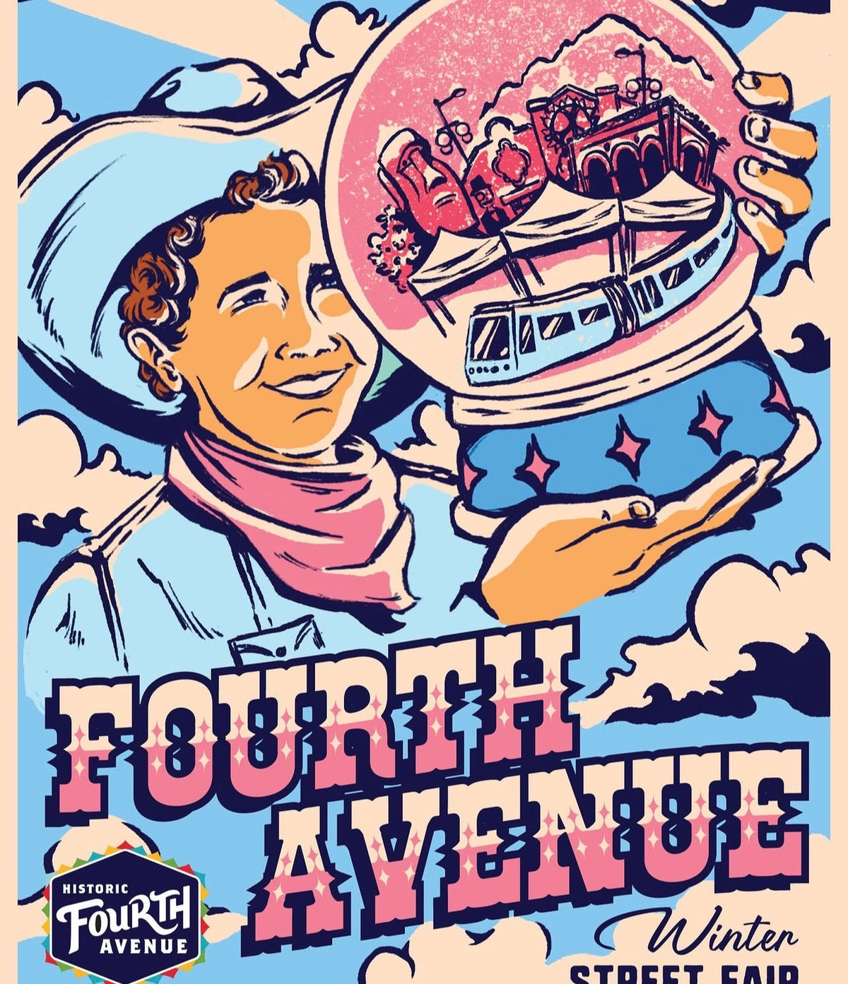 A stylized illustrated poster or print featuring a cowboy in a hat and scarf holding a snow globe with a street fair scene inside. Large text reads 'FOURTH AVENUE' with 'Winter Street Fair' below, and a 'Historic Fourth Avenue' badge appears in the lower left.