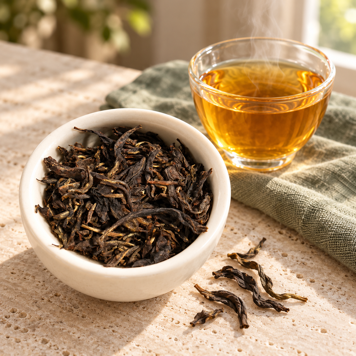 A small white bowl filled with dark dried tea leaves sits on a light stone surface beside a clear glass cup of amber tea with visible steam, set on a textured green cloth.