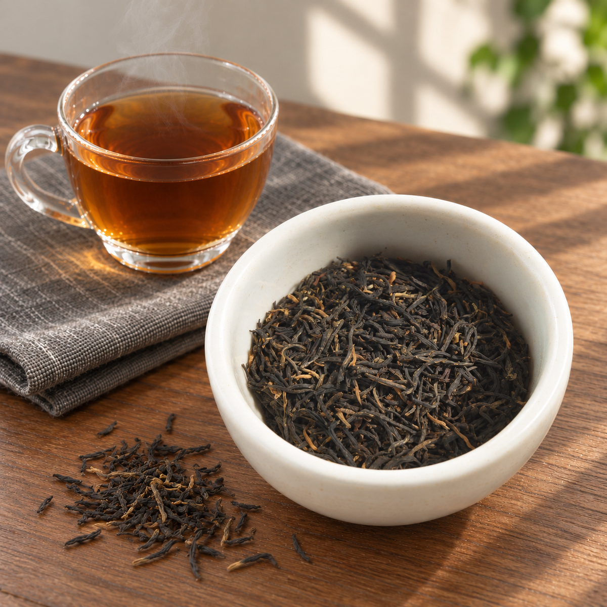 A white ceramic bowl filled with Golden Monkey loose-leaf tea sits on a wooden table beside a clear glass cup of brewed amber tea on a folded gray cloth.