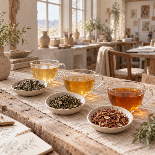 Three clear glass cups filled with tea and three small bowls of loose leaf tea arranged on a rustic wooden table in a bright, sunlit room with tables, chairs, and plants in the background.