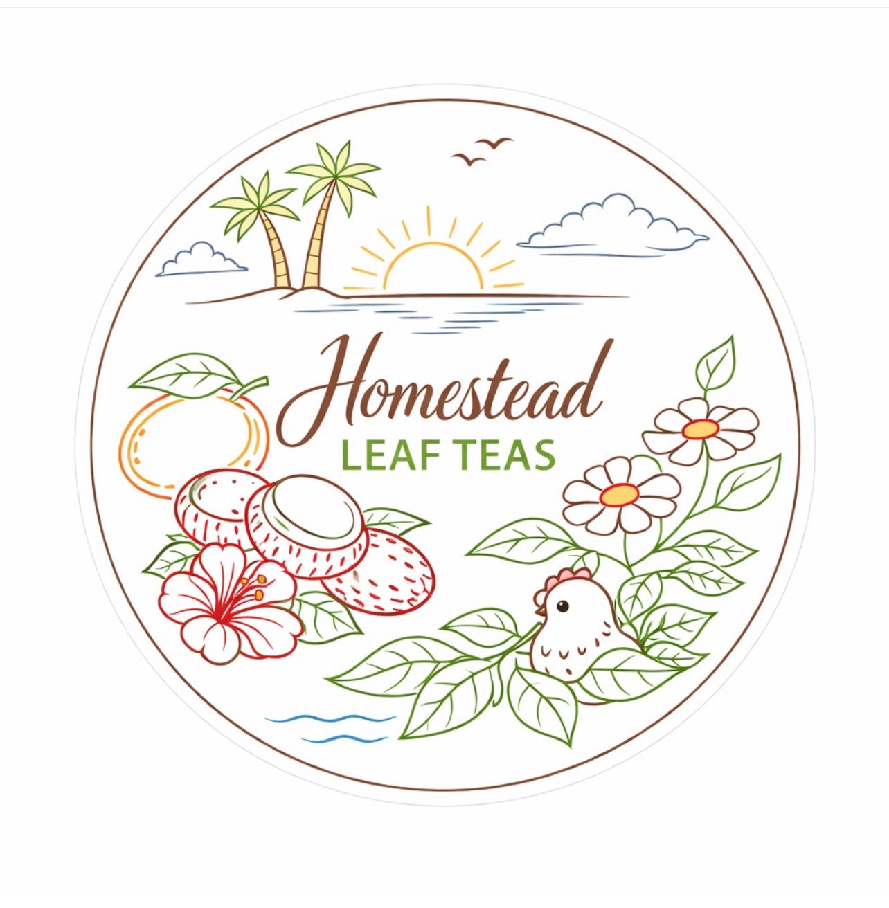 A circular illustrated logo or label for Homestead Leaf Teas, featuring tropical line drawings including palm trees, a sun, clouds, flowers, leaves, and a small bird on a white background.
