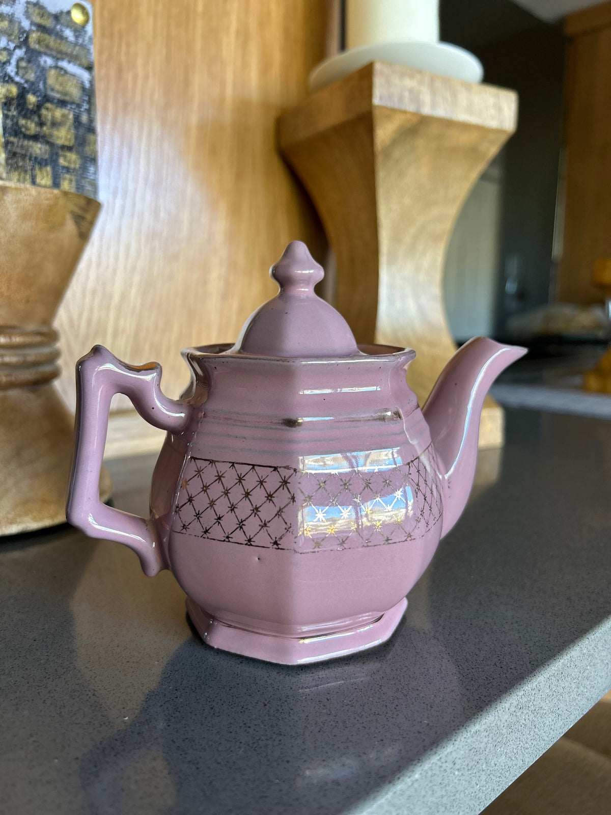 Vintage Pink Lustre Teapot with Gold Lattice