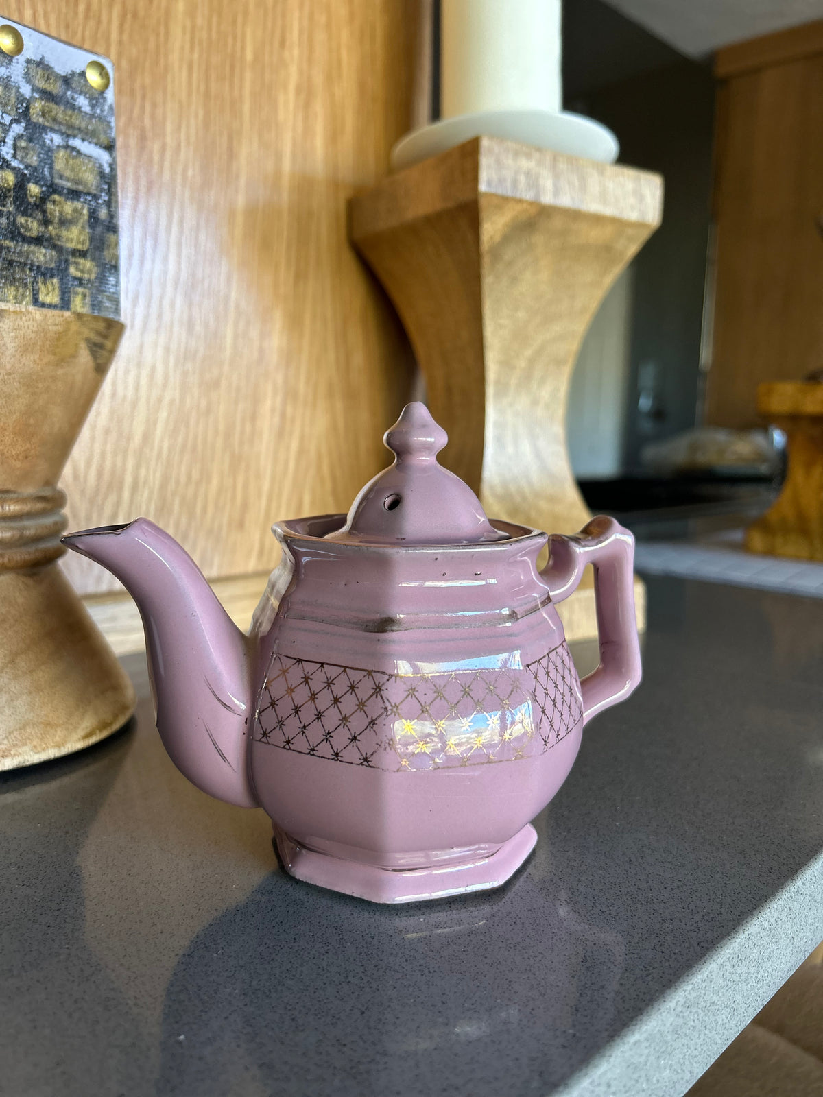 Vintage Pink Lustre Teapot with Gold Lattice