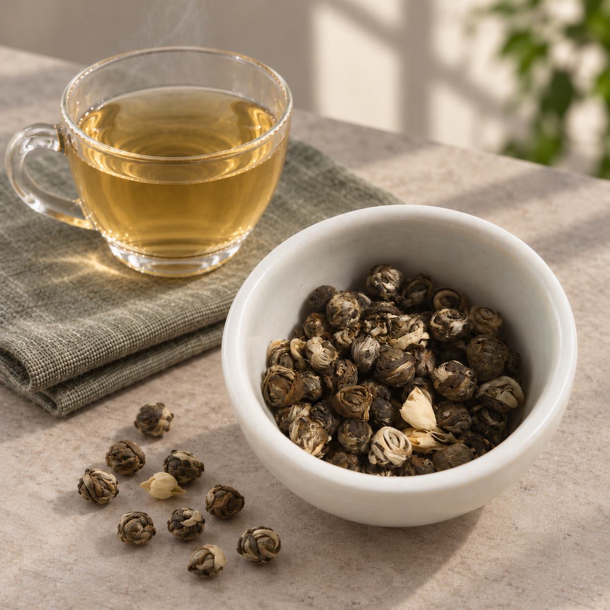 A white ceramic bowl filled with dried rolled Jasmine tea leaves sits on a light stone surface beside a clear glass cup of brewed pale yellow tea on a folded gray cloth.