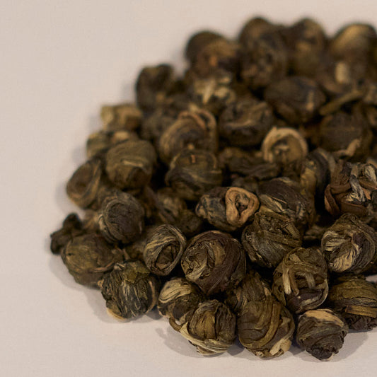 Jasmine Pearls loose-leaf green tea by Tea & Hammock, hand-rolled pearls scented with jasmine