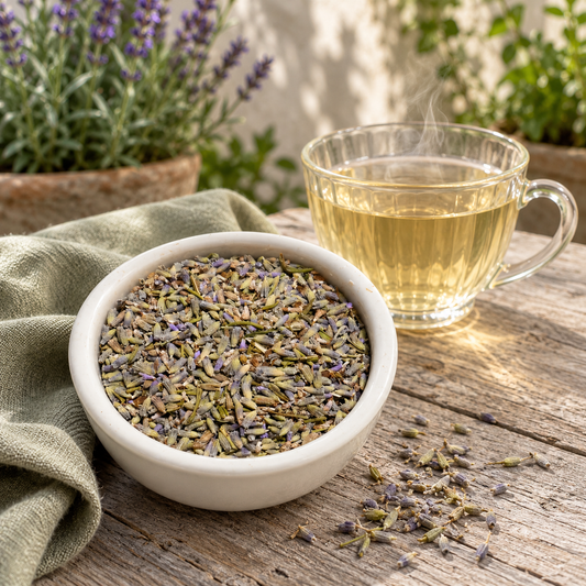 A white ceramic bowl filled with dried lavender buds sits on a rustic wooden table beside a clear glass cup of steaming lavender tea, with a folded olive-green cloth and blurred potted lavender plants in the background.