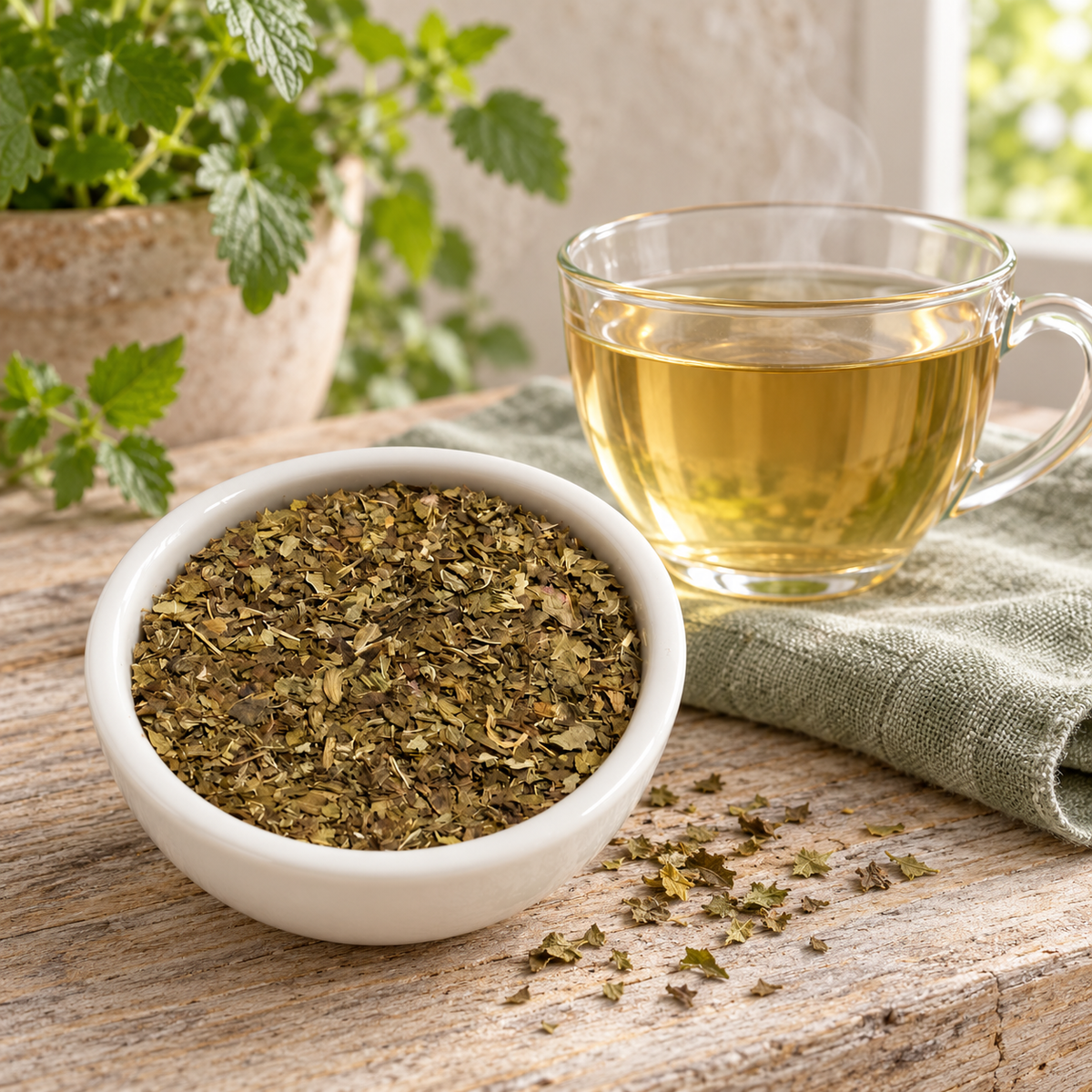 A white bowl filled with loose dried lemon balm tea leaves sits on a rustic wooden table next to a clear glass cup of brewed tea on a folded green cloth, with a potted plant in the background.