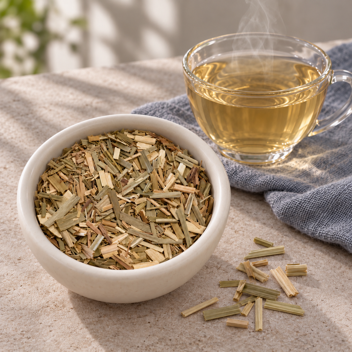 A white ceramic bowl filled with dried herbal tea leaves sits on a light stone surface next to a clear glass cup of brewed tea with visible steam, with a blue cloth underneath and a few loose tea pieces scattered nearby.