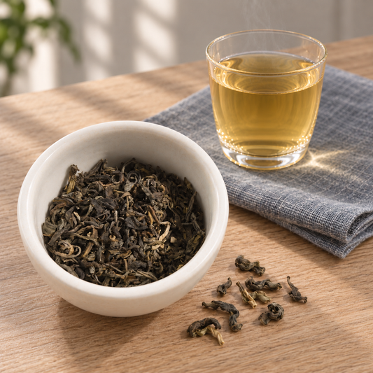 A white ceramic bowl filled with Lotus loose-leaf tea sits on a wooden table beside a clear glass of brewed tea on a gray cloth napkin.