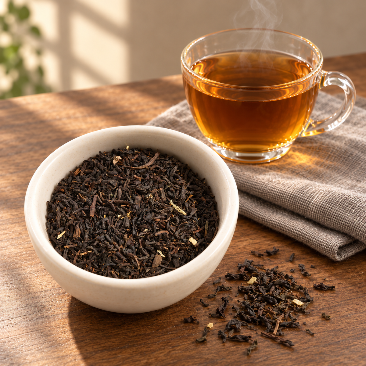 A white ceramic bowl filled with Lychee loose-leaf tea sits on a wooden table beside a clear glass cup of amber tea on a folded linen napkin.