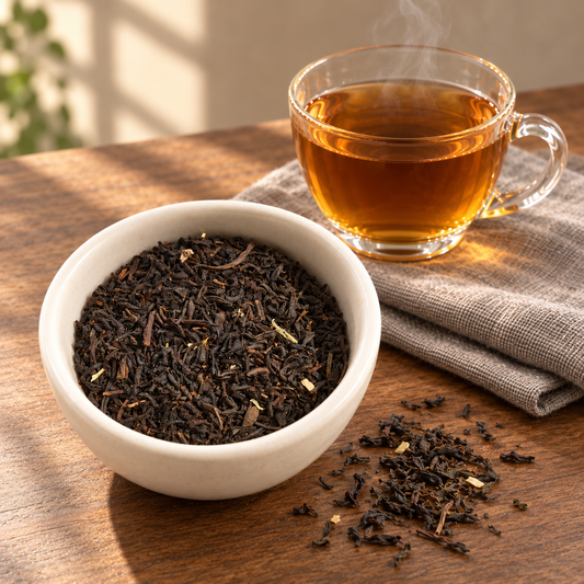 A white ceramic bowl filled with Lychee loose-leaf tea sits on a wooden table beside a clear glass cup of amber tea on a folded linen napkin.