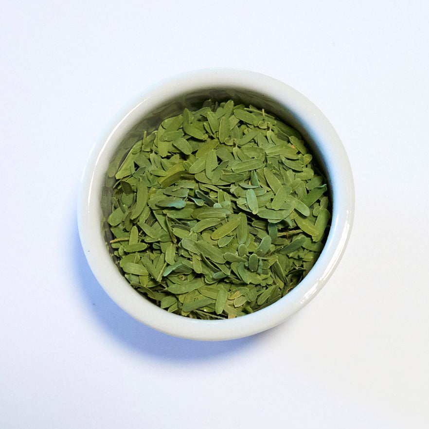 White bowl filled with green leafy mesquite leaves on a white background