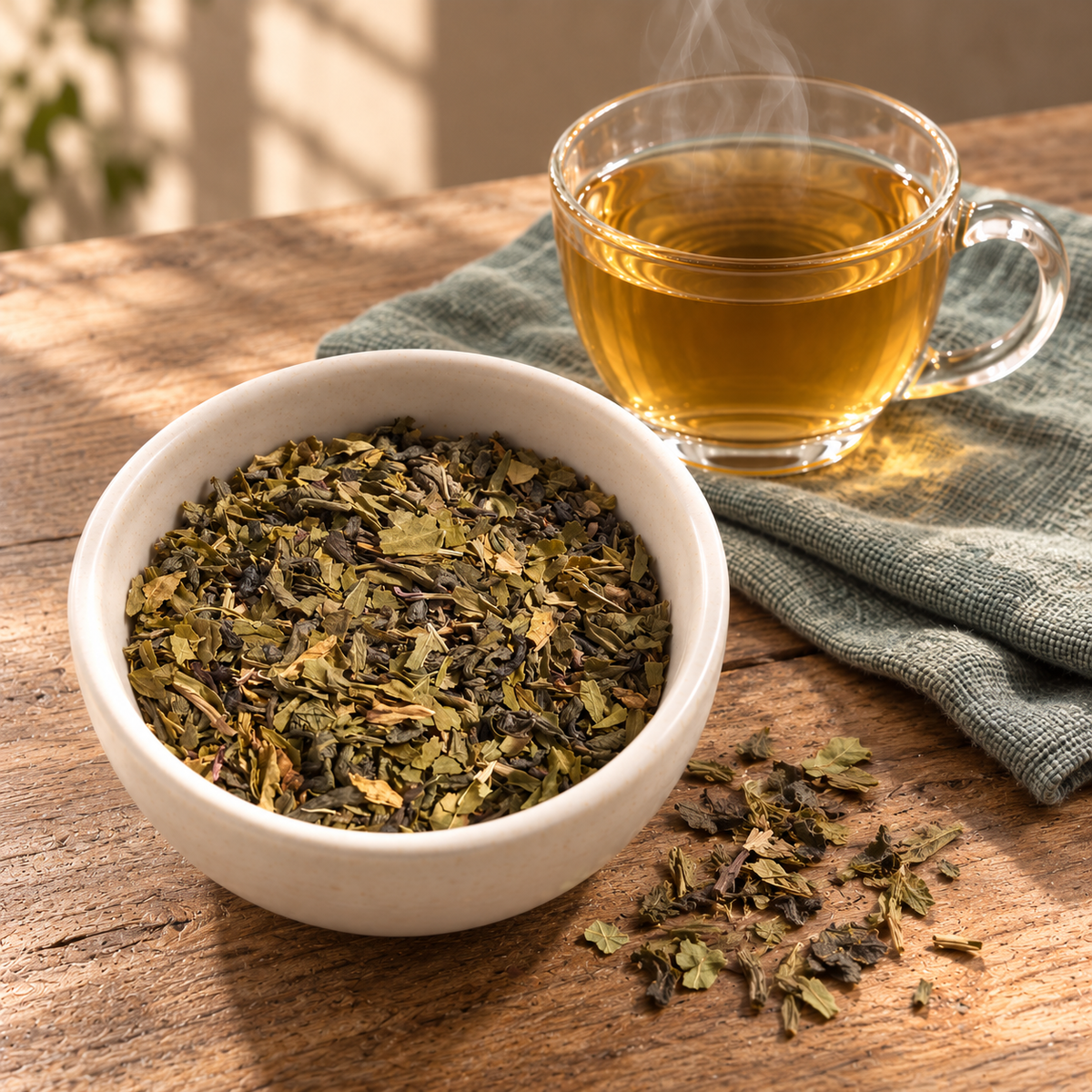 Moroccan Mint loose leaf tea in a small white bowl on a wooden table, with a glass cup of brewed tea and a folded green cloth nearby.