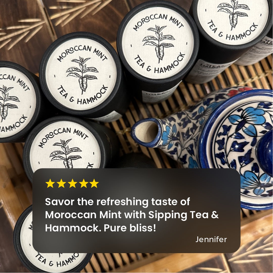 Moroccan Mint tea packaging with a decorative teapot on a wooden surface