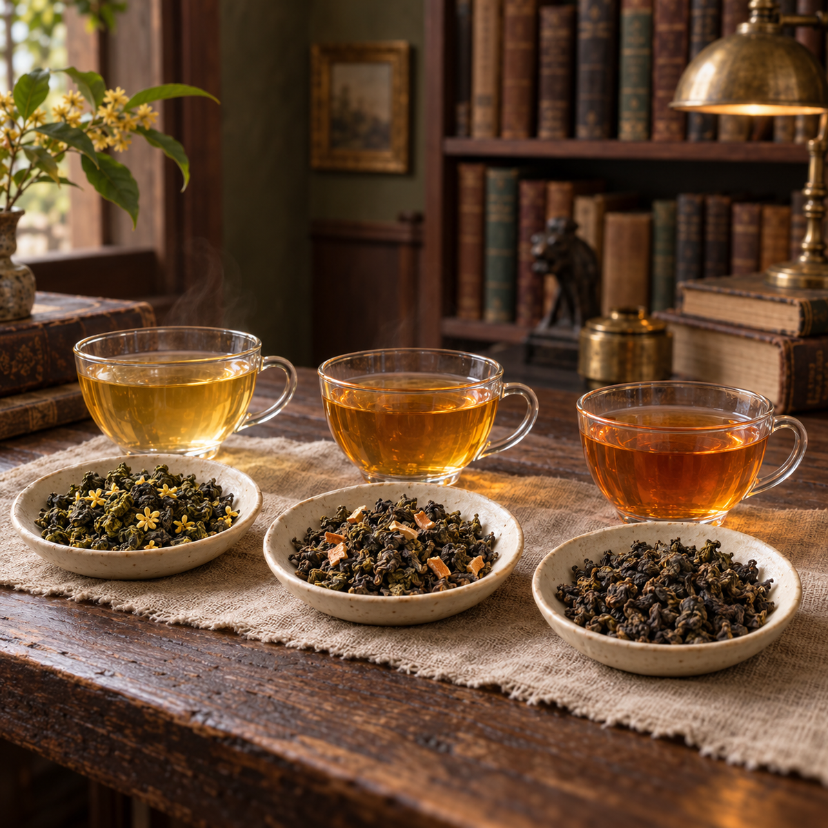 Four clear cups of brewed tea arranged on a rustic wooden table with three small bowls of loose tea leaves in front. The setting is a warm, vintage-style room with bookshelves, a lamp, and a table runner.