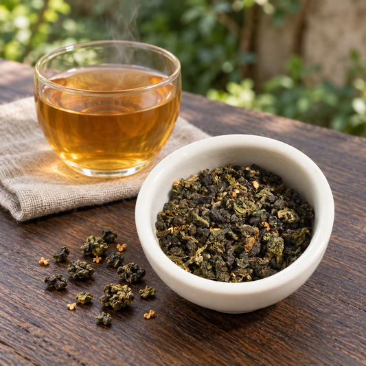 A bowl of Osmanthus Oolong loose-leaf tea and a glass of brewed amber tea on a wooden table with a blurred outdoor background.
