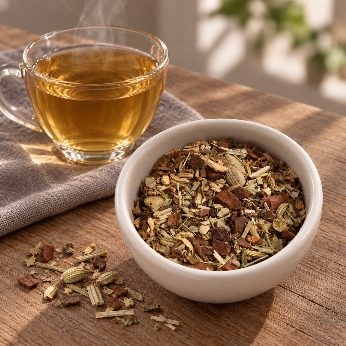 A white ceramic bowl filled with loose herbal tea blend sits on a wooden table next to a clear glass cup of amber tea, with a few pieces of tea scattered on the table surface.