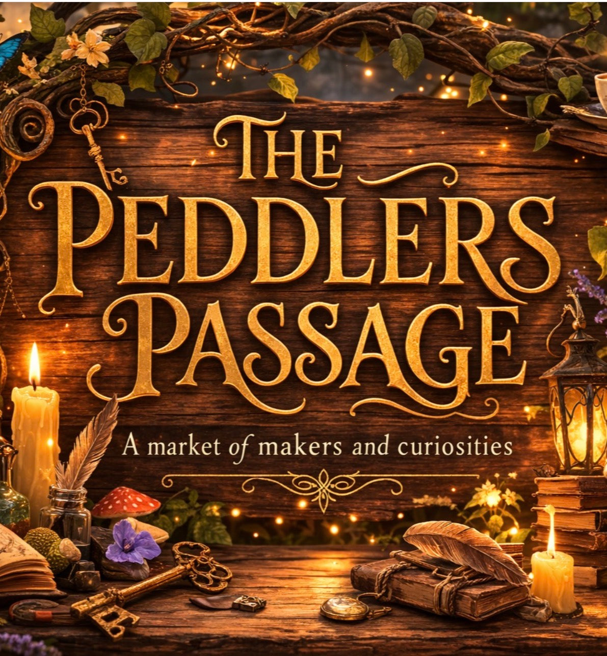 Book cover for 'The Peddlers Passage: A market of makers and curiosities' featuring ornate gold title text on a rustic wooden background, surrounded by candles, keys, feathers, books, and glowing fairy lights.