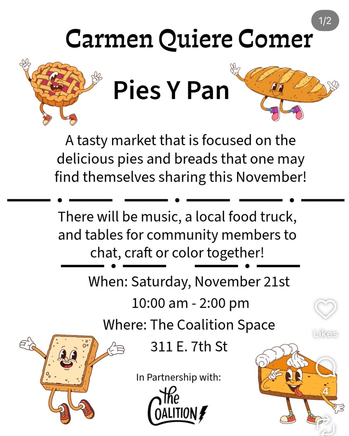 A digital flyer for 'Carmen Quiere Comer' featuring 'Pies Y Pan'. The flyer has a white background with black text and colorful cartoon illustrations of a pie, a bread loaf, a sandwich, and a slice of cheese, all with expressive faces and arms.