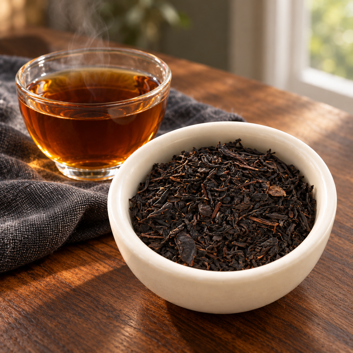 A white ceramic bowl filled with dark loose-leaf tea sits on a wooden table next to a small clear glass cup of brewed amber tea on a dark gray cloth.