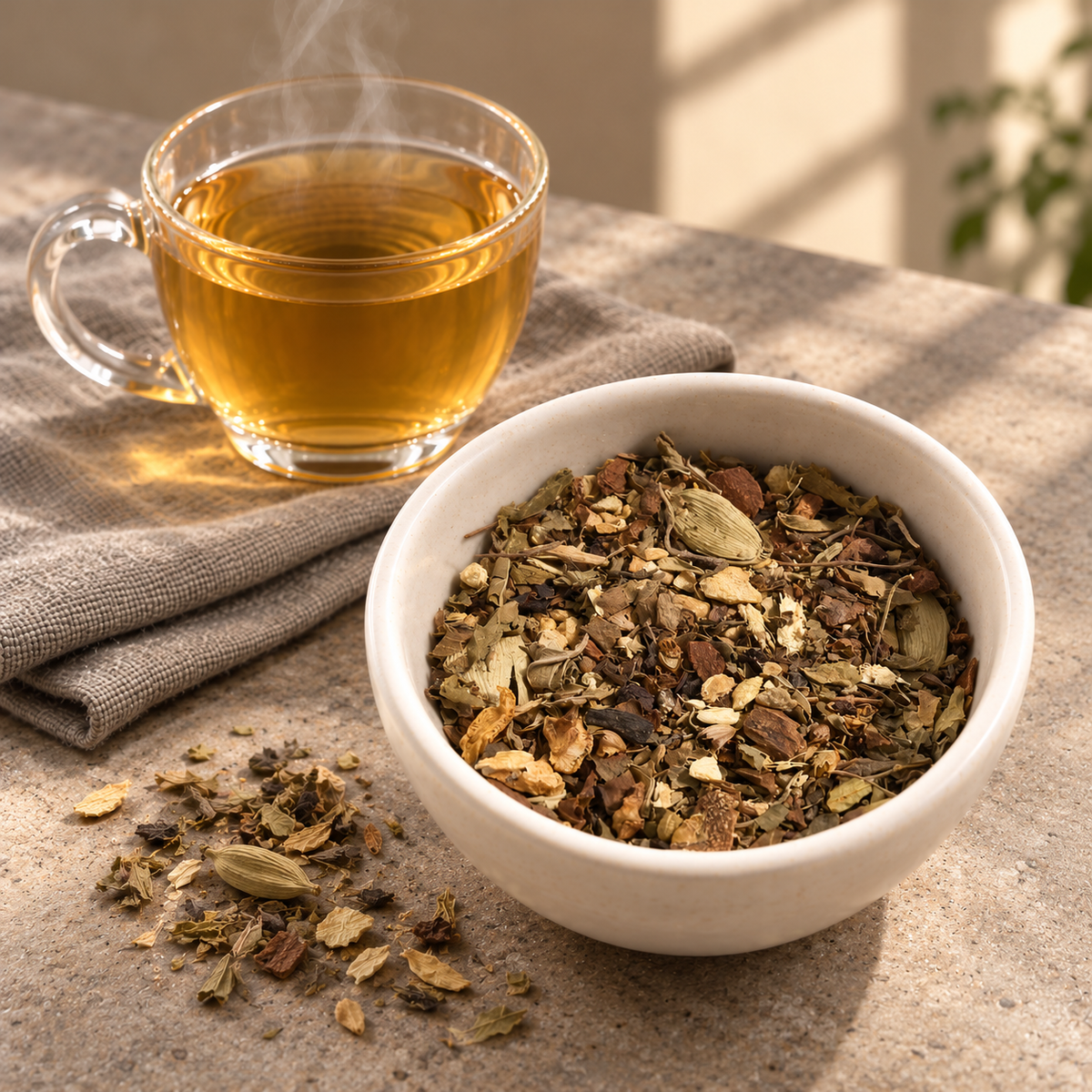A white ceramic bowl filled with Renew loose-leaf herbal tea sits on a stone surface next to a clear glass cup of amber-colored tea on a folded linen napkin.