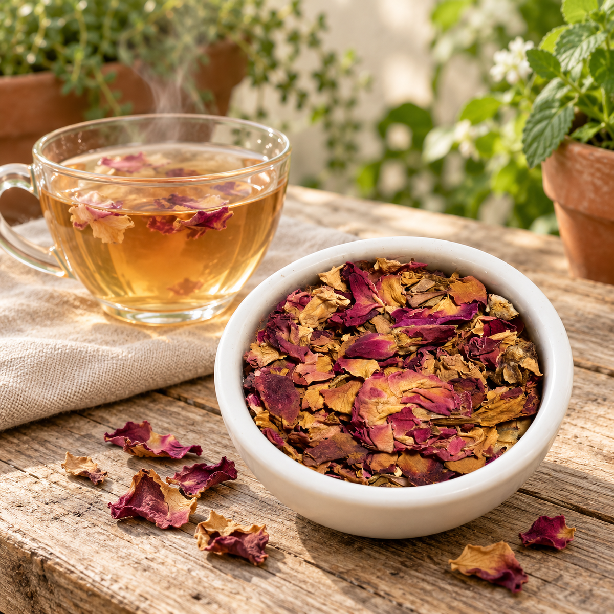 A white bowl filled with dried rose petals and petals scattered on a rustic wooden table beside a glass cup of brewed tea, with green plants in the background.