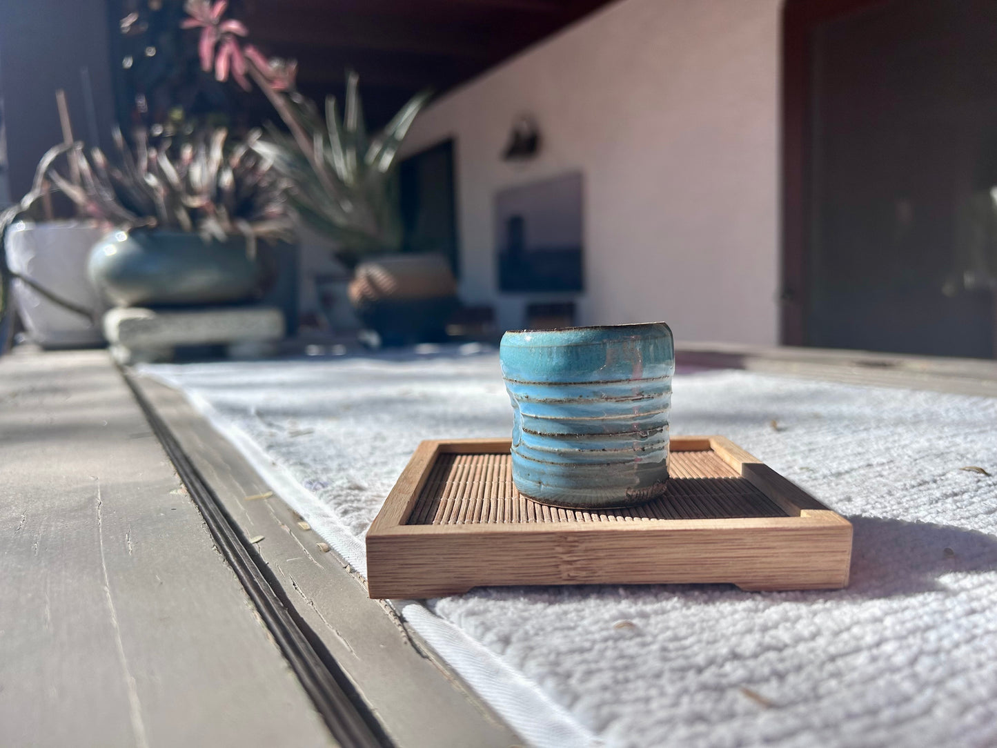 Blue ceramic cup on a wooden coaster with plants in the background