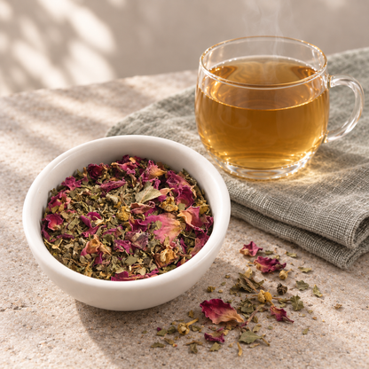 A white bowl filled with Solace loose dried flower and tea blend sits on a light stone surface beside a clear glass mug filled with amber tea, with a folded gray cloth underneath.