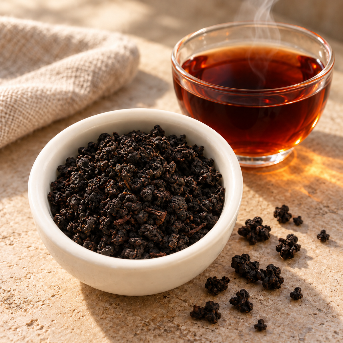 A white ceramic bowl filled with dark, tightly rolled tea leaves sits on a sunlit stone surface, with a small clear glass cup of brewed amber tea and a few scattered tea pieces nearby. A beige cloth is partially visible in the background.