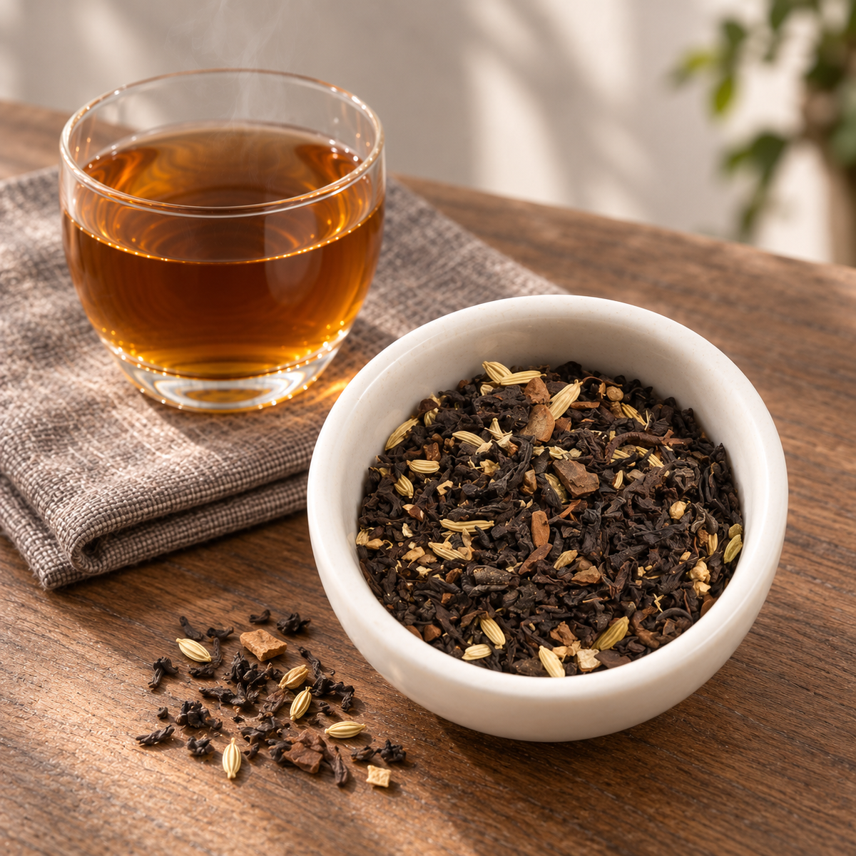 A white ceramic bowl filled with Travelers Chai loose-leaf tea sits on a wooden table beside a clear glass cup of amber tea on a folded gray cloth.