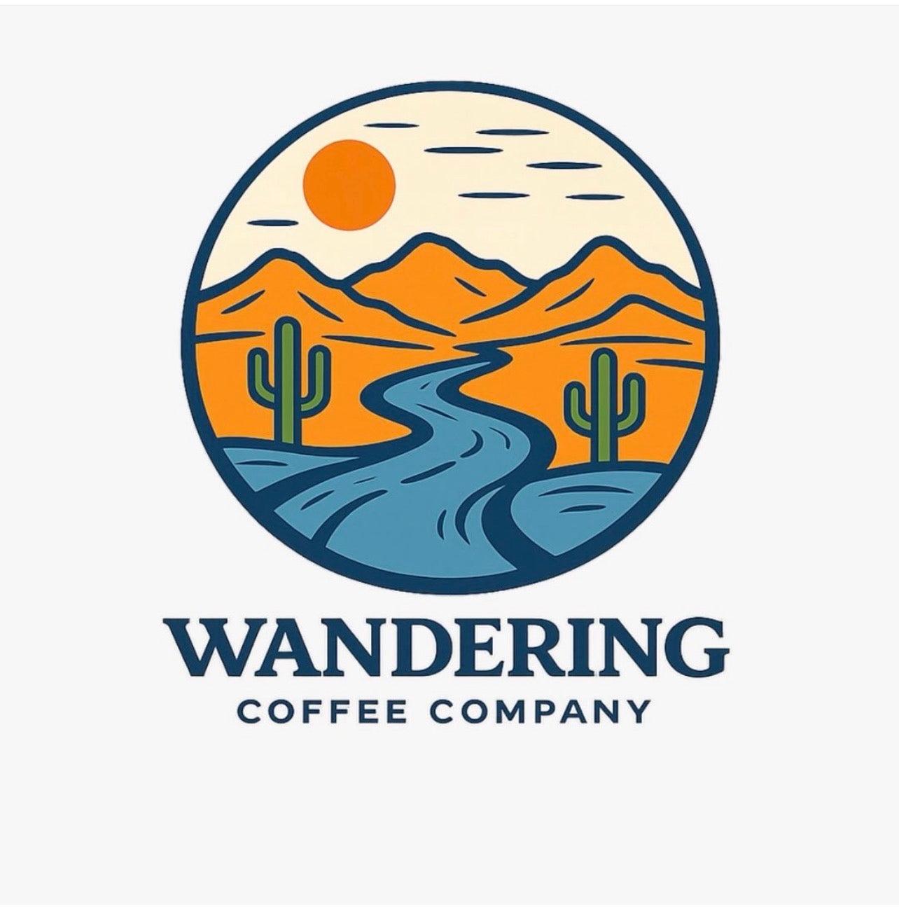 A circular desert landscape logo with mountains, cacti, a winding blue river, and an orange sun, above the text 'WANDERING COFFEE COMPANY' on a light gray background.