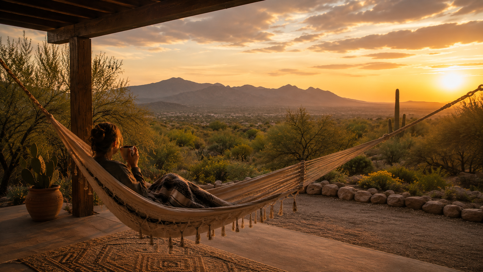 A person relaxes in a woven hammock on a covered patio at sunset, overlooking a desert landscape with mountains, cacti, and warm golden sky.