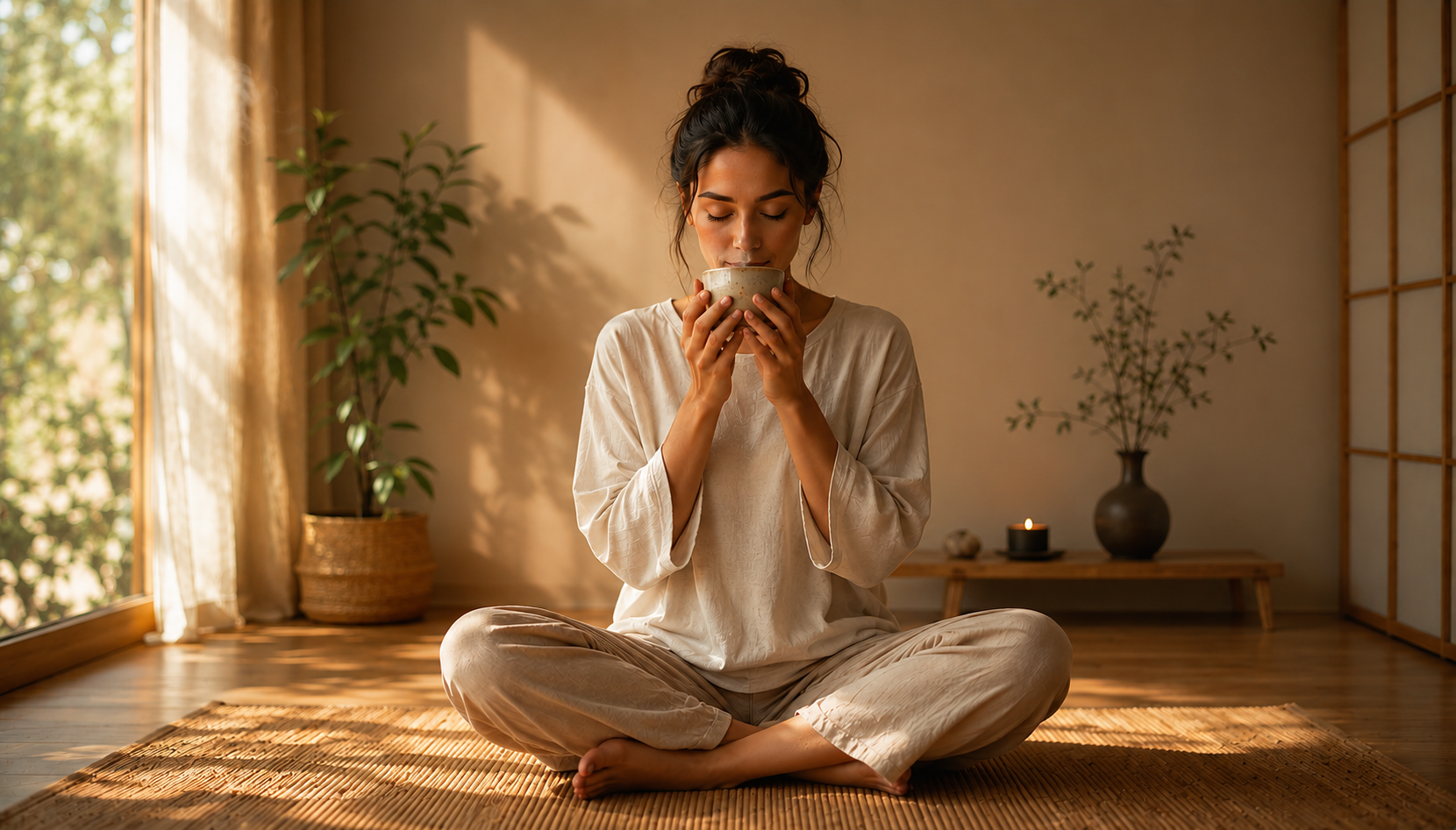 woman sits on a bamboo mat in a zen space, wearing natural clothing, as she inhales the aroma of ayurvedic tea