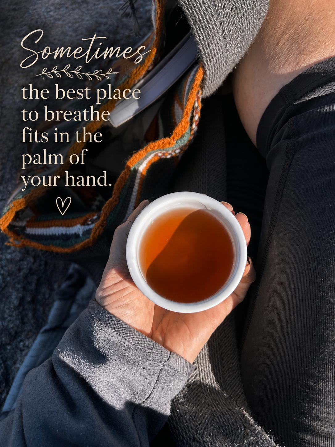 tea & hammock owner karin sits with a mug in her hand as she sits in nature. text says: sometimes the best place to breathe fits in the palm of your hand