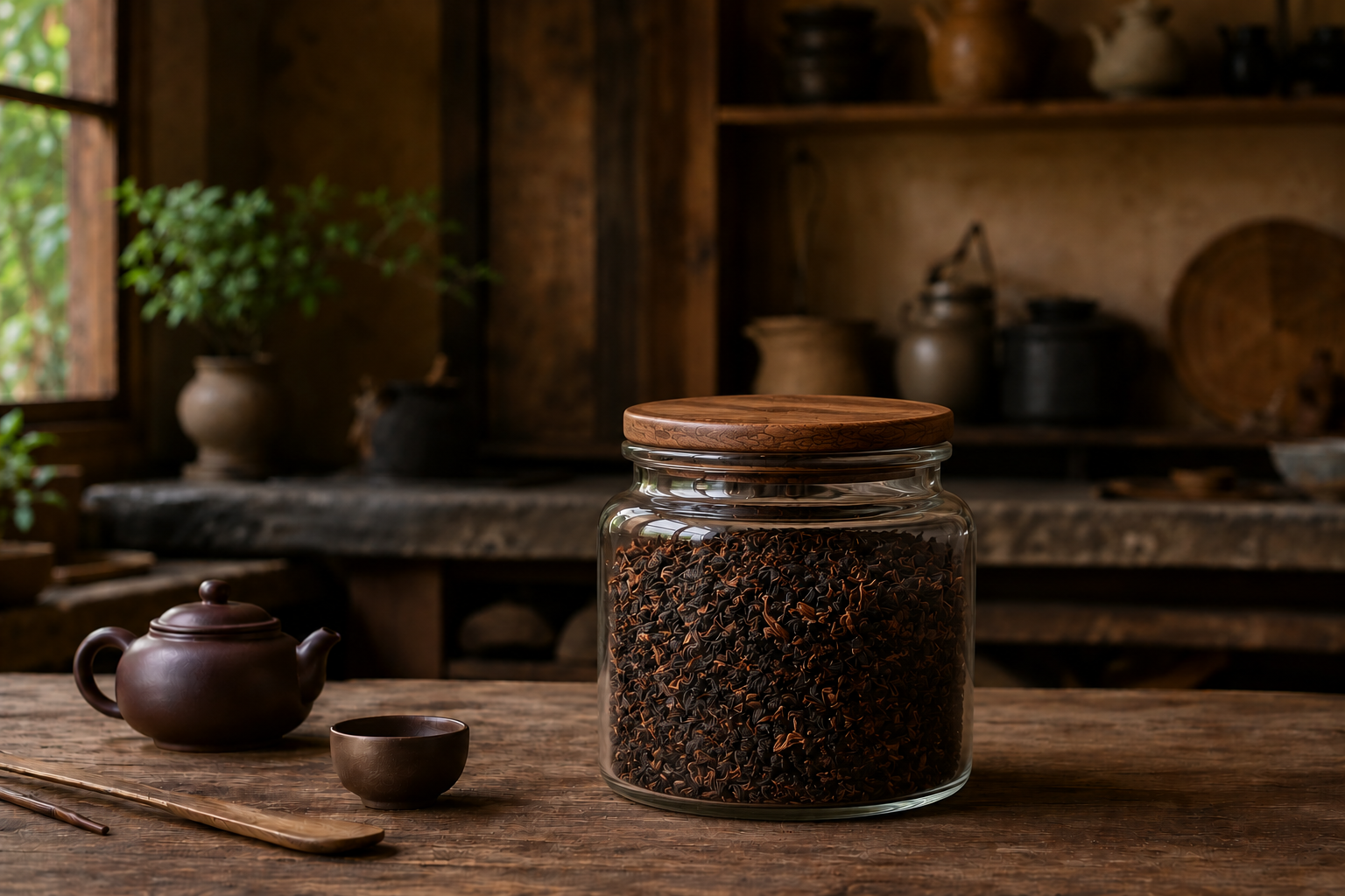 puerh tea stored in a clear glass jar in a dark wooden kitchen